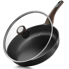 SENSARTE 11-inch nonstick frying pan with lid showing easy egg release with minimal oil.
