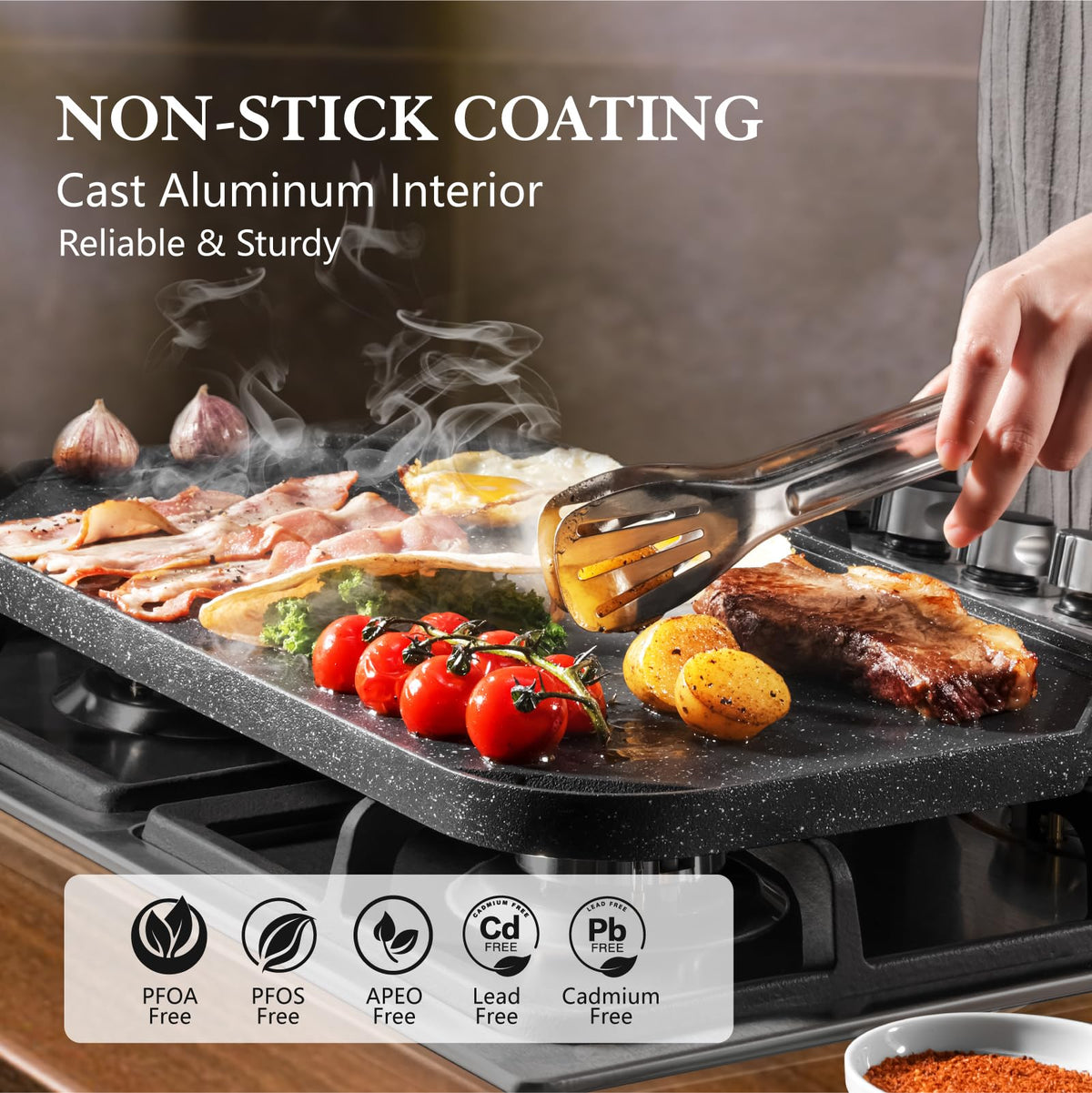 SENSARTE griddle ribbed side for searing with grill marks.