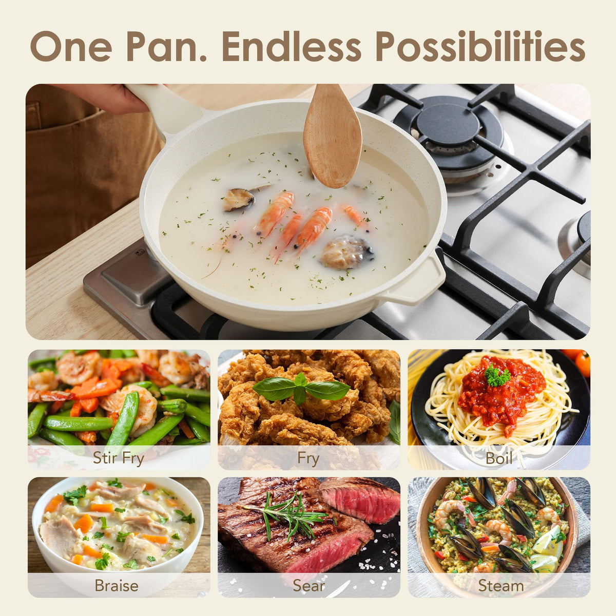 Oil-locking bottom concentrates heat for searing on SENSARTE wok.