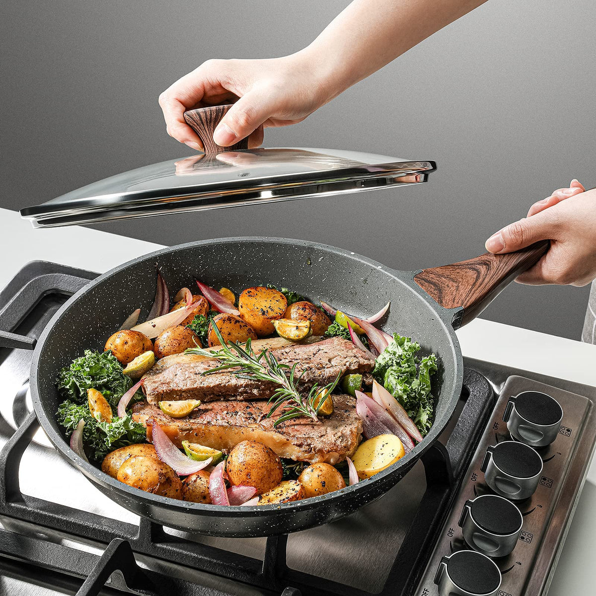 SENSARTE omelet pan with cover shown for easy eggs and delicate flips.