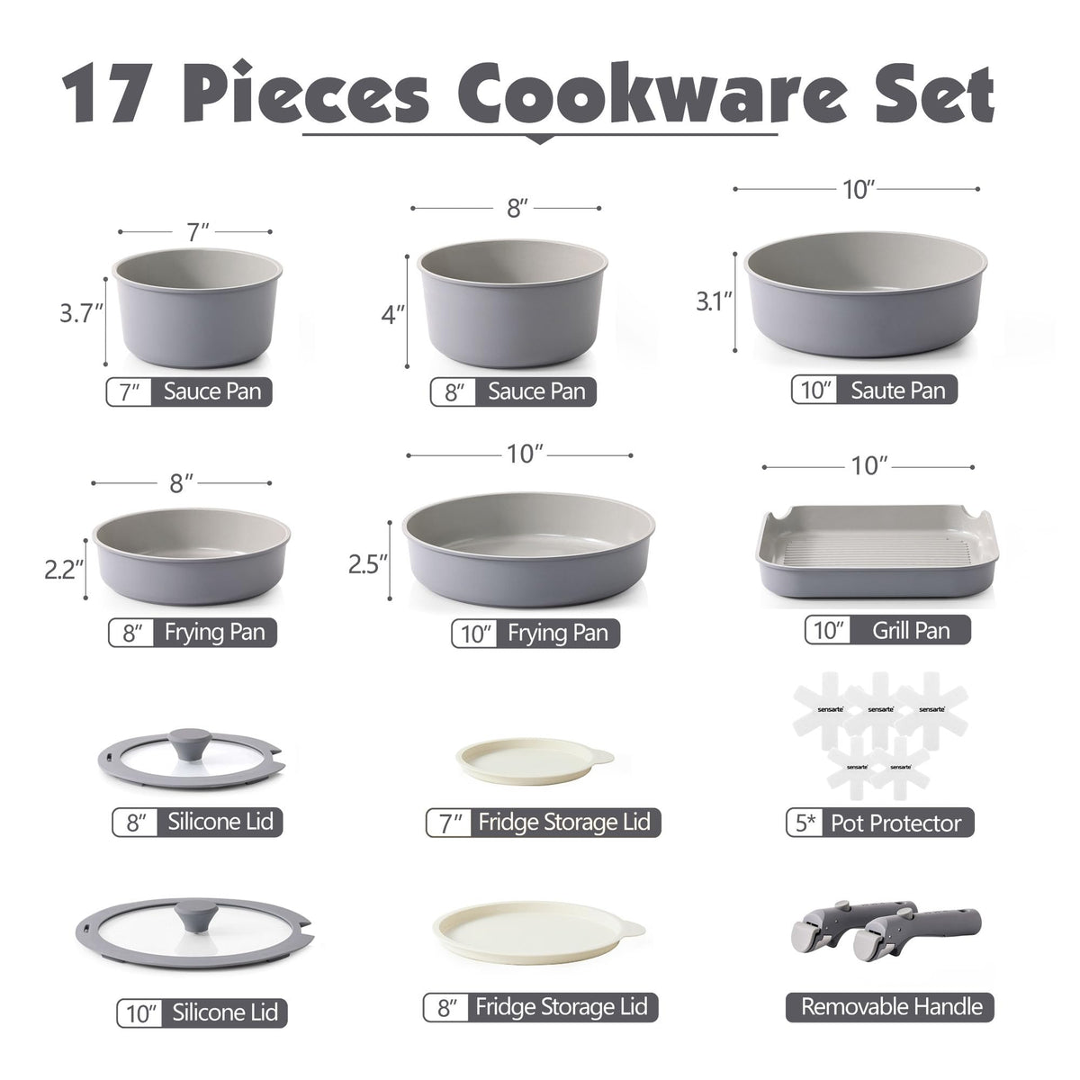 SENSARTE removable-handle cookware shown for easy exchange and storage