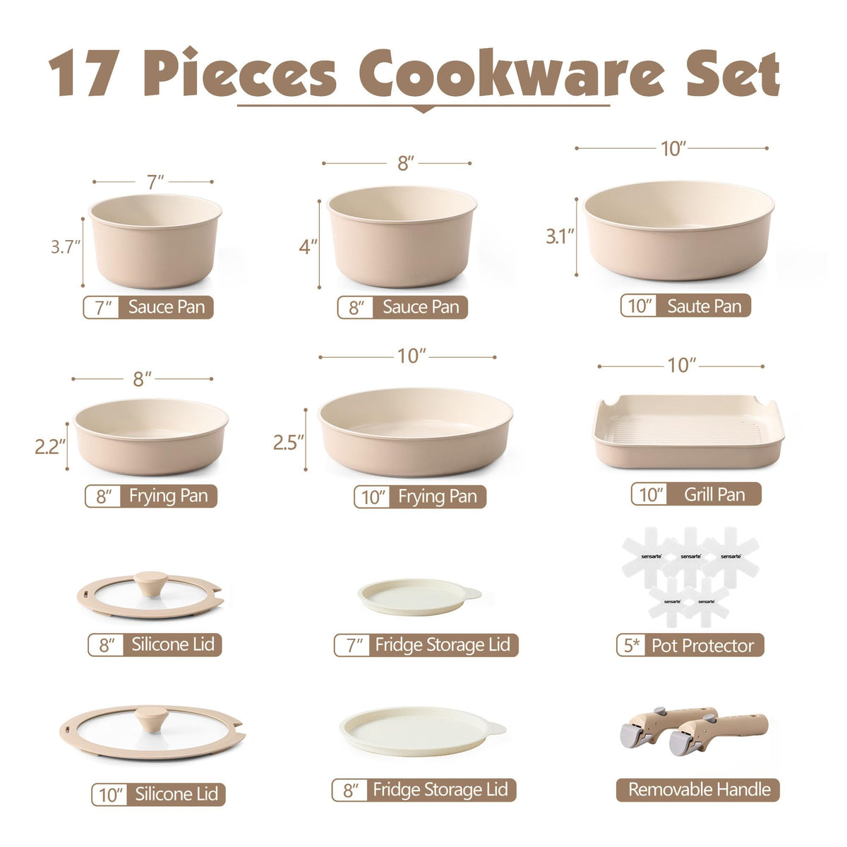 SENSARTE removable-handle pots and pans showcasing space-saving design