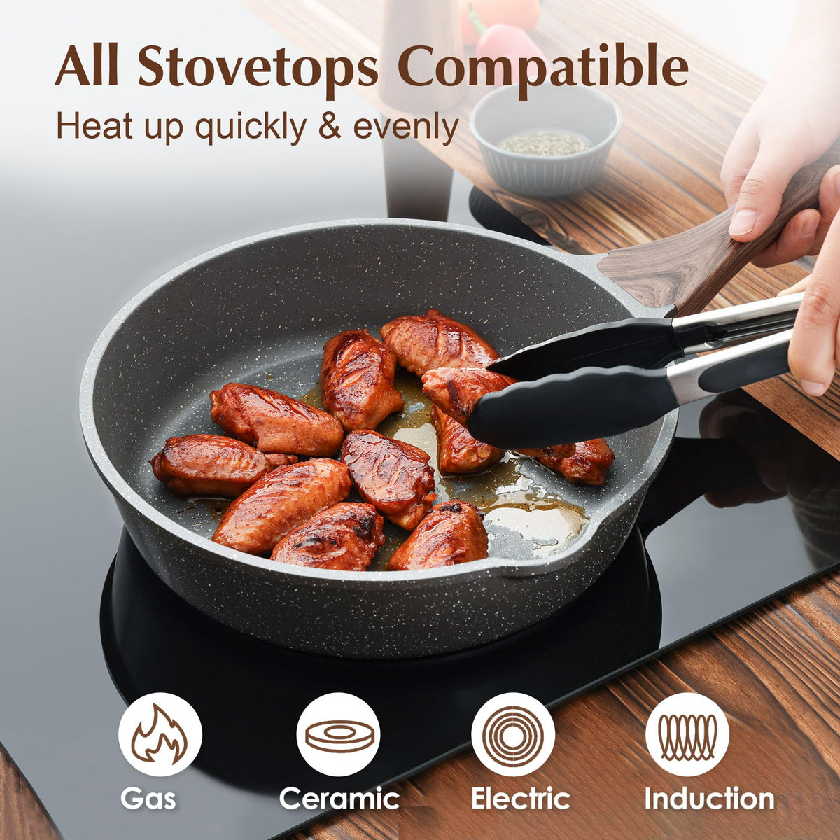 SENSARTE nonstick skillet 12-inch coating close-up highlights versatile cooking surface.