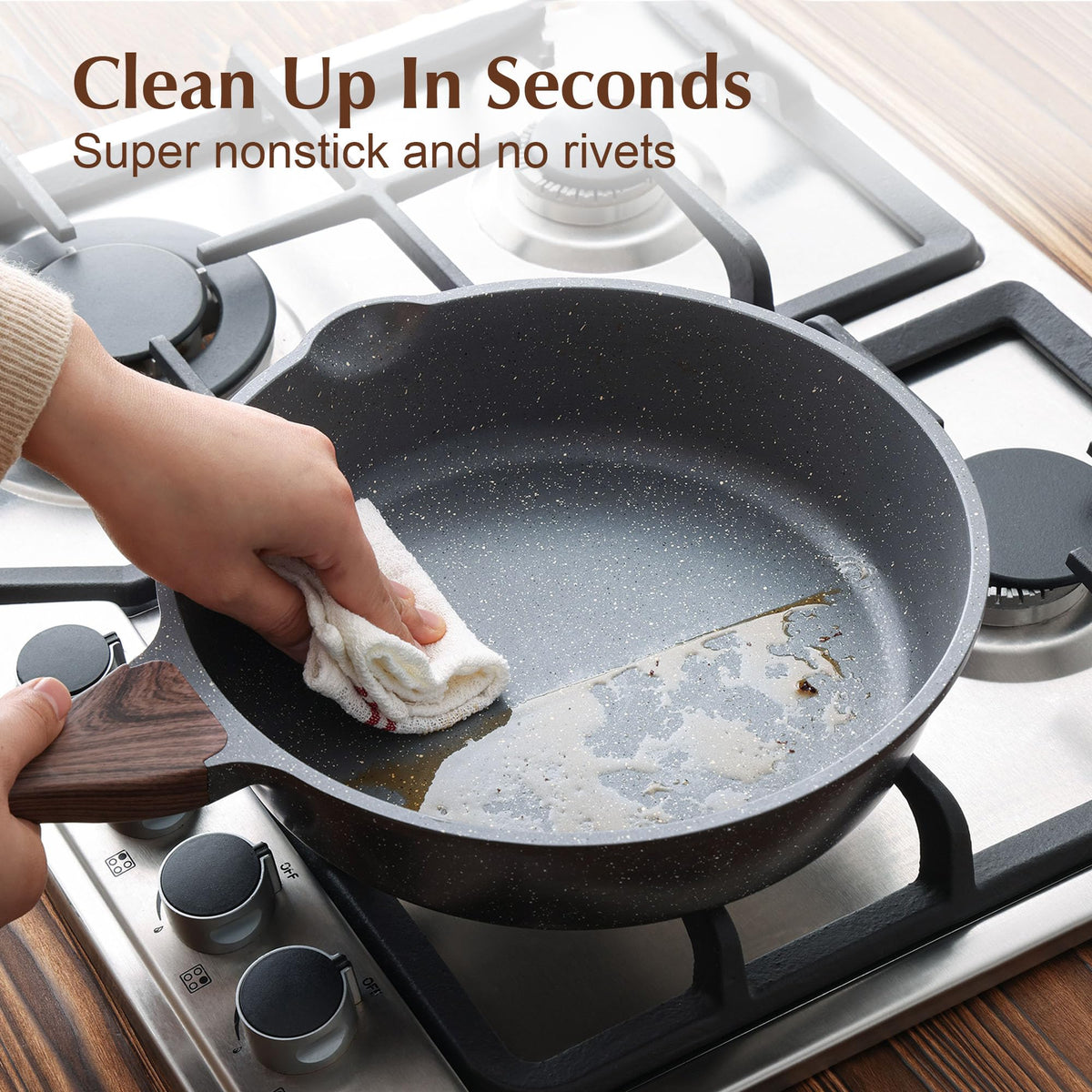 SENSARTE skillet wood-handle close-up emphasizing stay-cool grip during cooking.