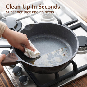 SENSARTE skillet wood-handle close-up emphasizing stay-cool grip during cooking.