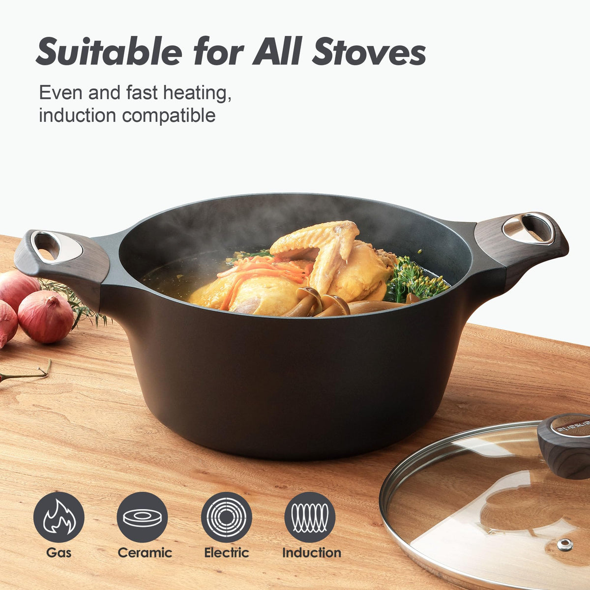SENSARTE stock pot shown in multiple sizes for different recipes