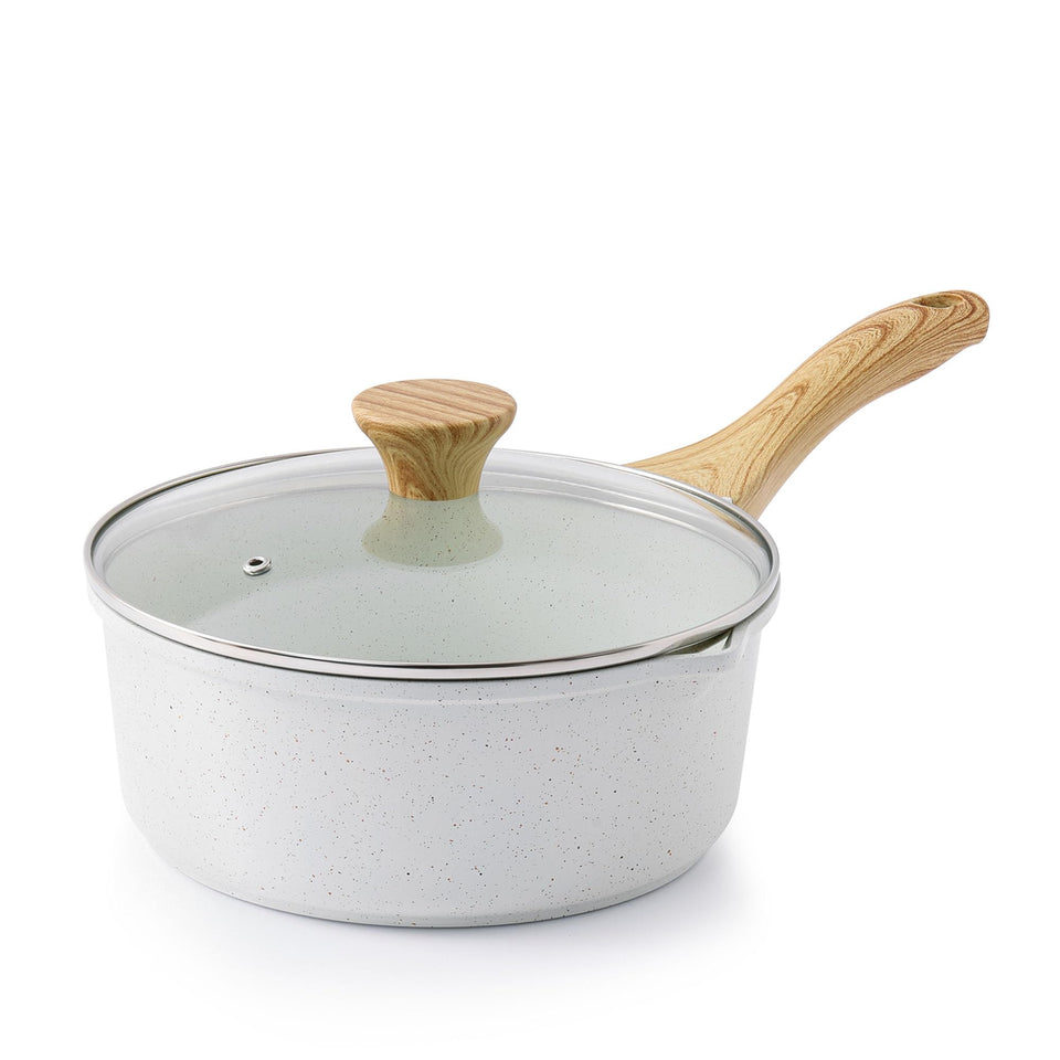SENSARTE white ceramic saucepan with double spout for easy pouring.