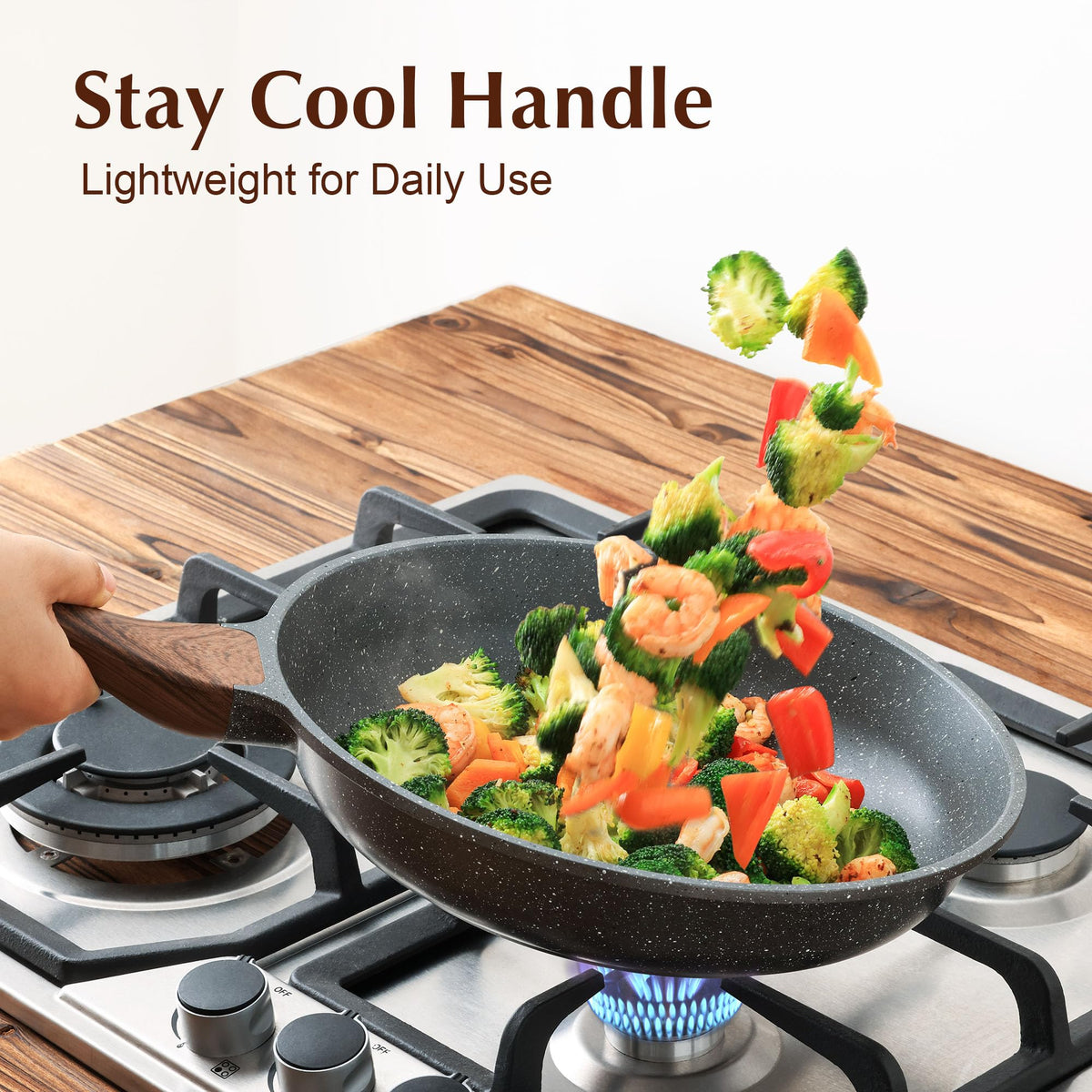 SENSARTE woodgrain handle stays cool and provides a comfortable grip during cooking.