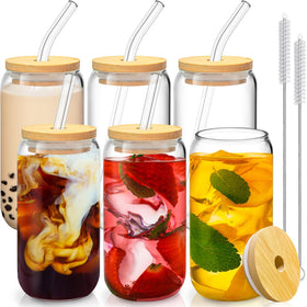 SENTVEND 16 oz glass cups with bamboo lids and glass straws, ideal for iced coffee or cocktails