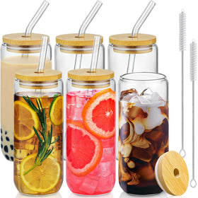 SENTVEND 20oz glass cups with bamboo lids and glass straws for iced coffee and beverages.