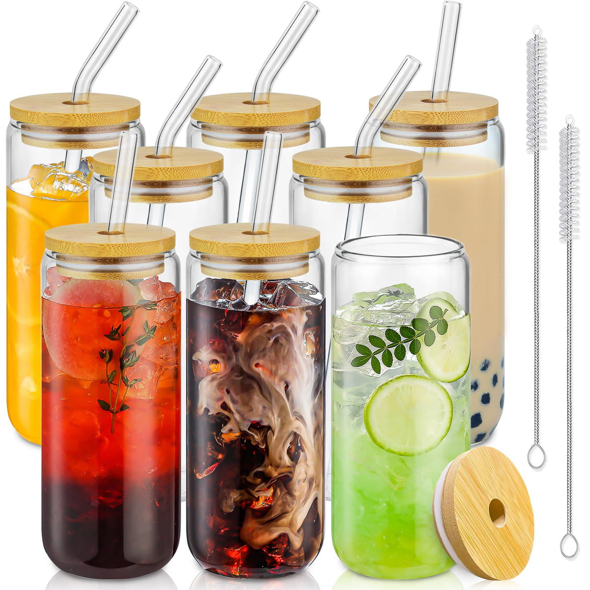SENTVEND 20 oz glass cups with bamboo lids and glass straws for versatile drinks.