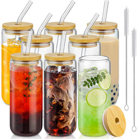 SENTVEND 20 oz glass cups with bamboo lids and glass straws for versatile drinks.