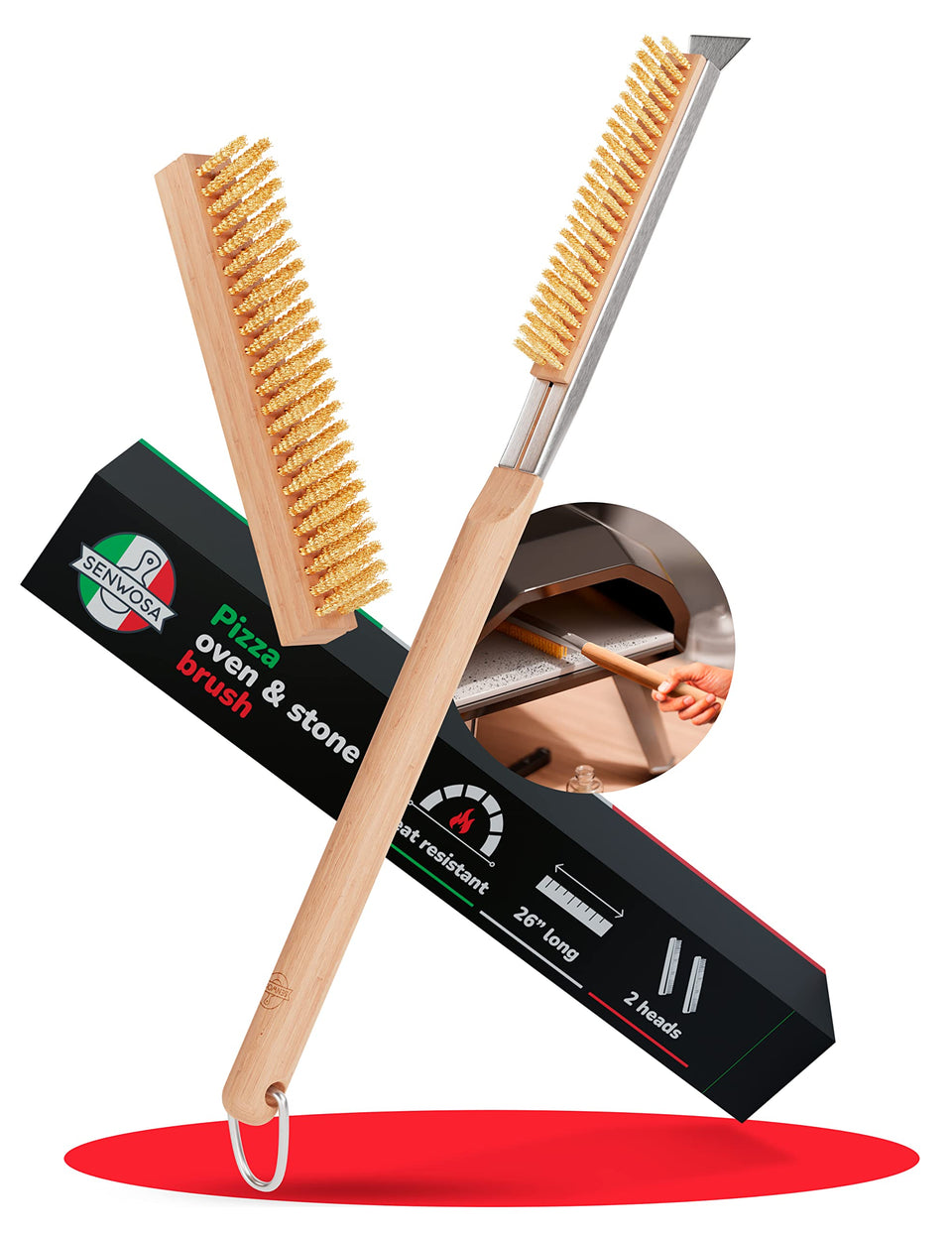 Senwosa 26-inch pizza oven brush cleans stone surfaces for crisp crusts