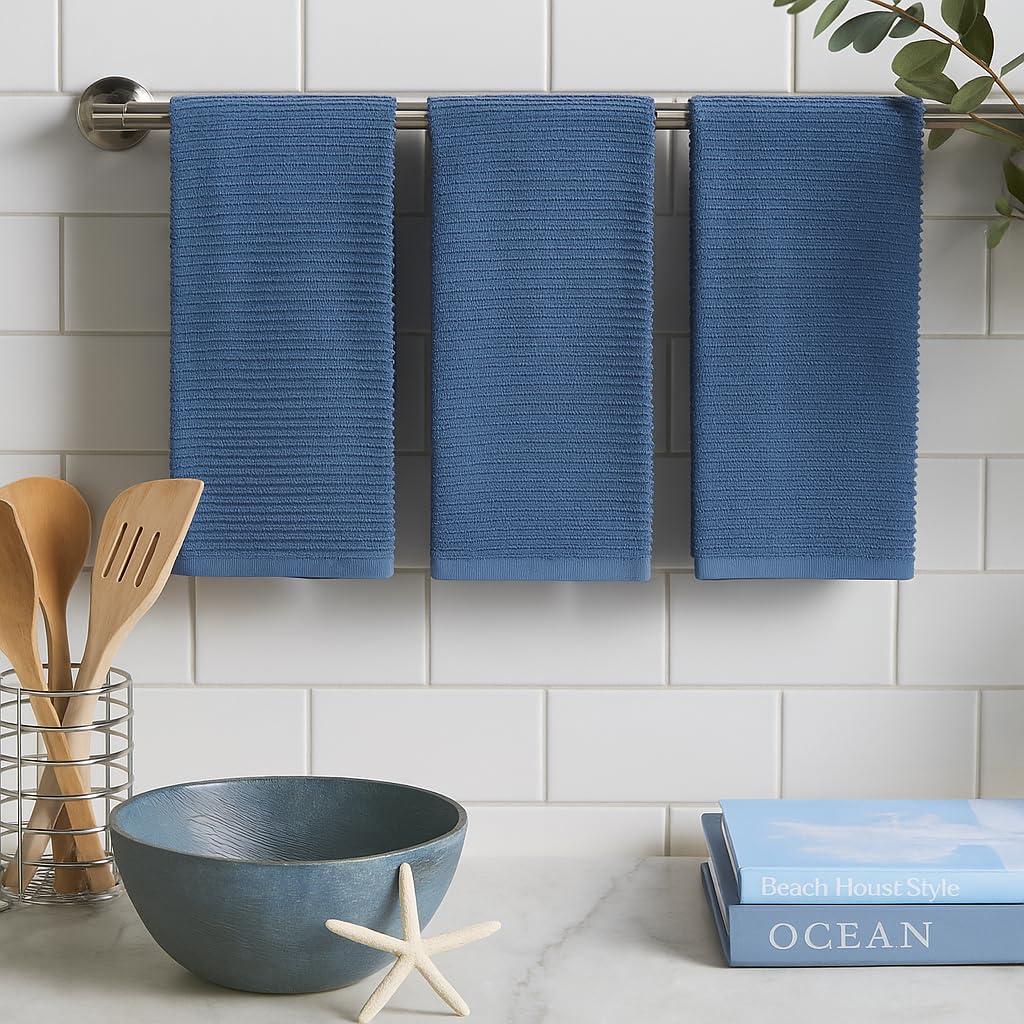 Serafina Home chambray towels multipurpose use in kitchen and décor.