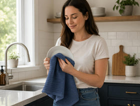 Serafina Home chambray towel large 18x28, ideal for drying counters and hands.