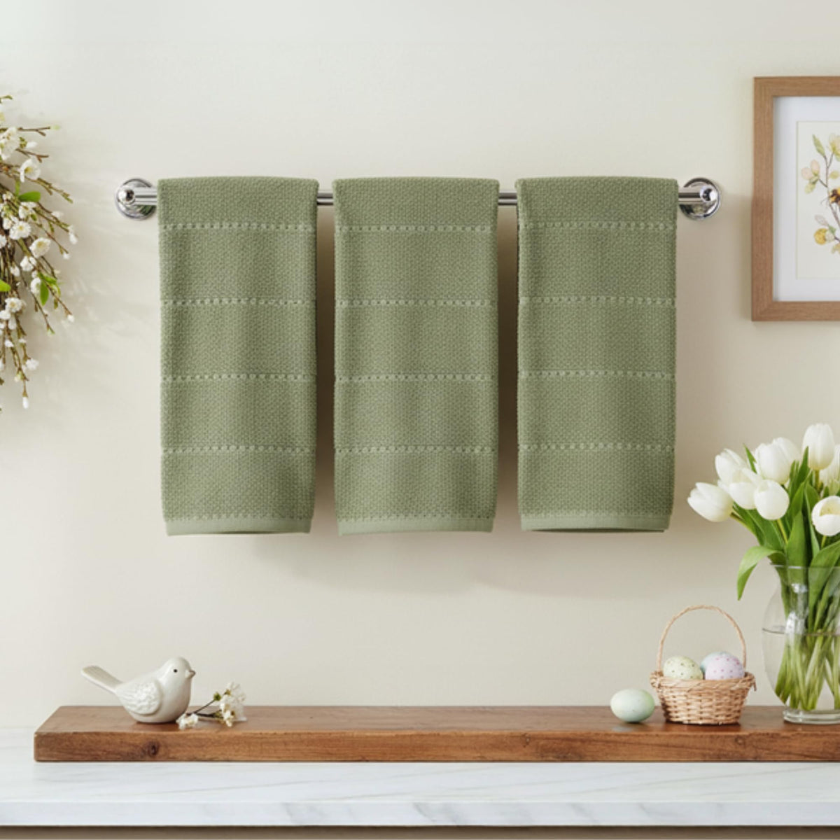 Serafina Home dark sage towels close-up shows soft, absorbent weave.