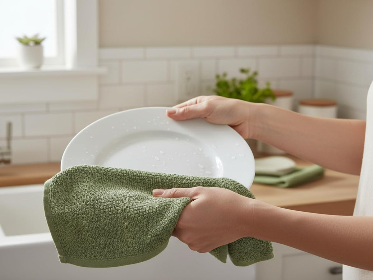 Serafina Home dark sage towels drying dishes on rack to reduce paper towel use.