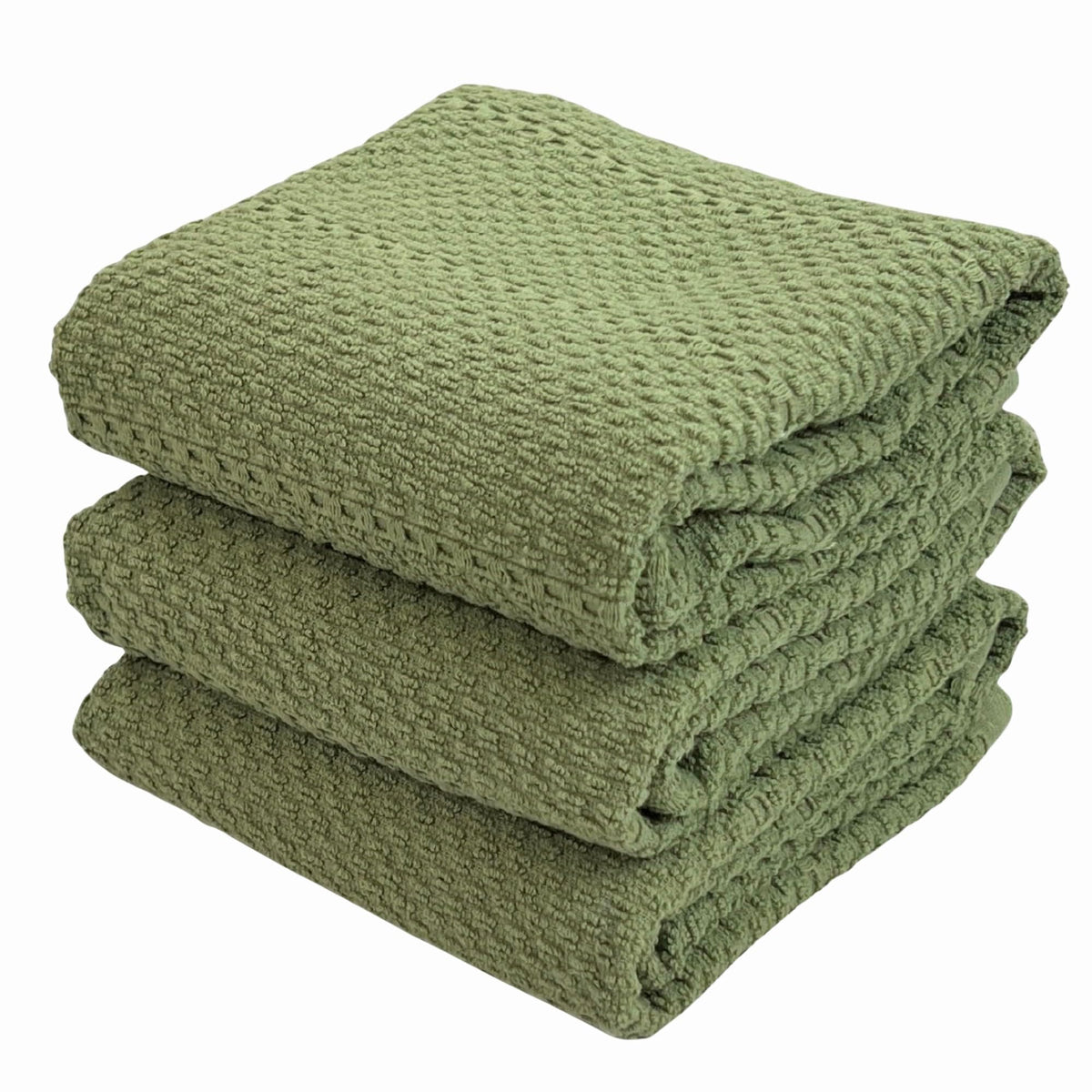 Serafina Home dark sage kitchen towels folded to show an oversized drying surface.