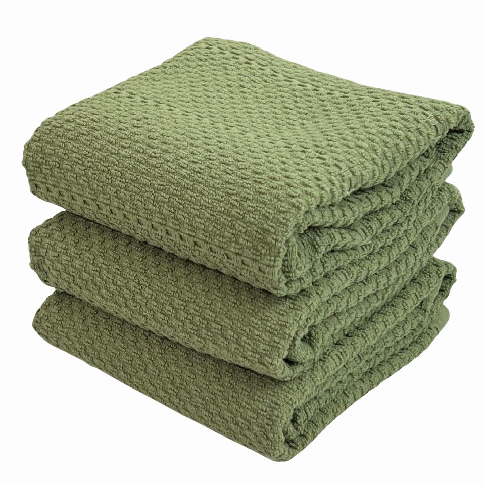 Serafina Home dark sage kitchen towels folded to show an oversized drying surface.