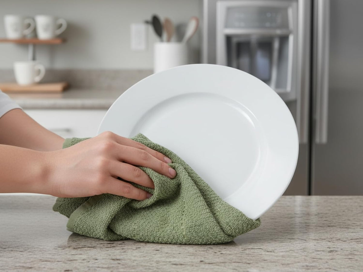 Serafina Home dark sage towels hanging to demonstrate quick access for kitchen cleanups.
