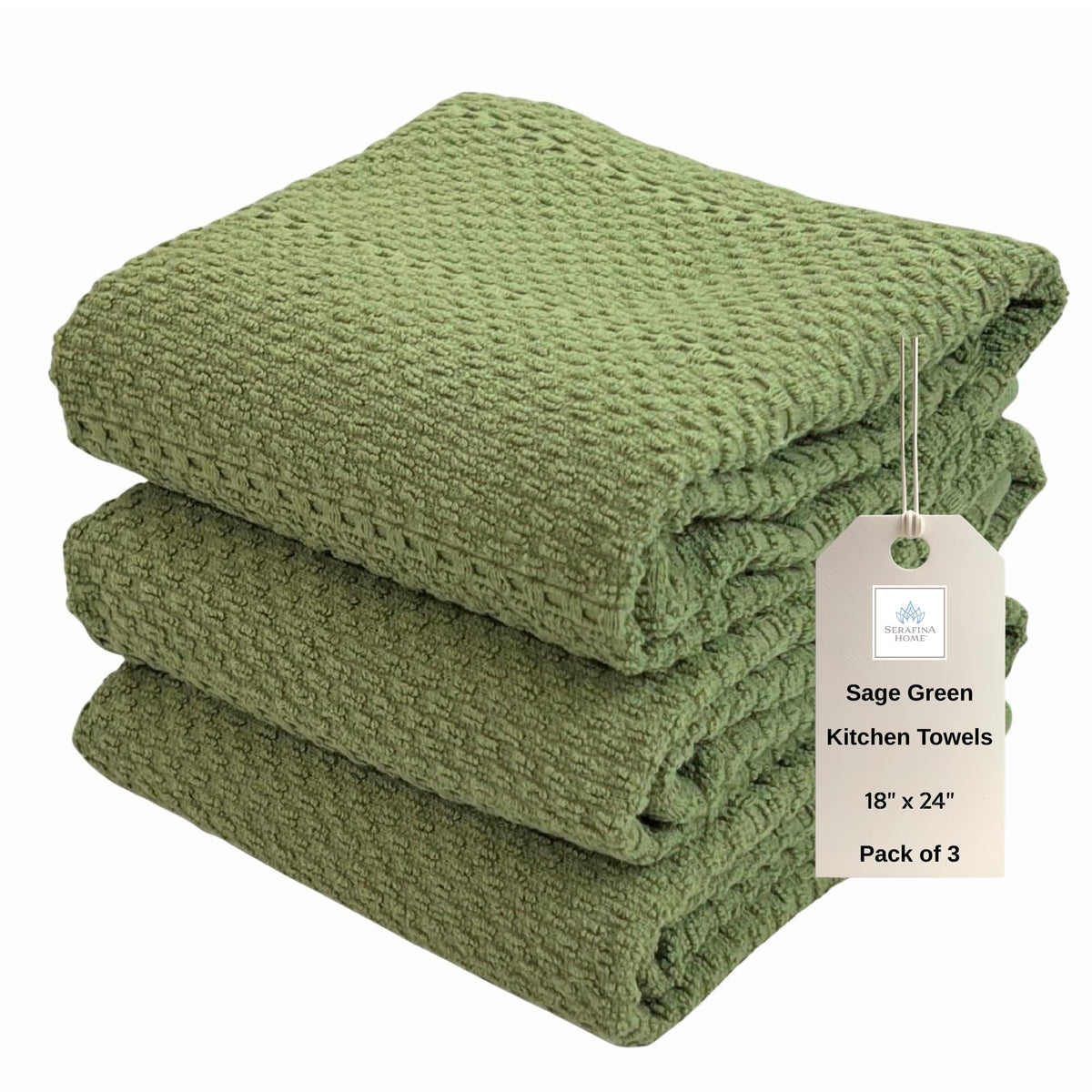 Serafina Home dark sage towels with a convenient storage loop.
