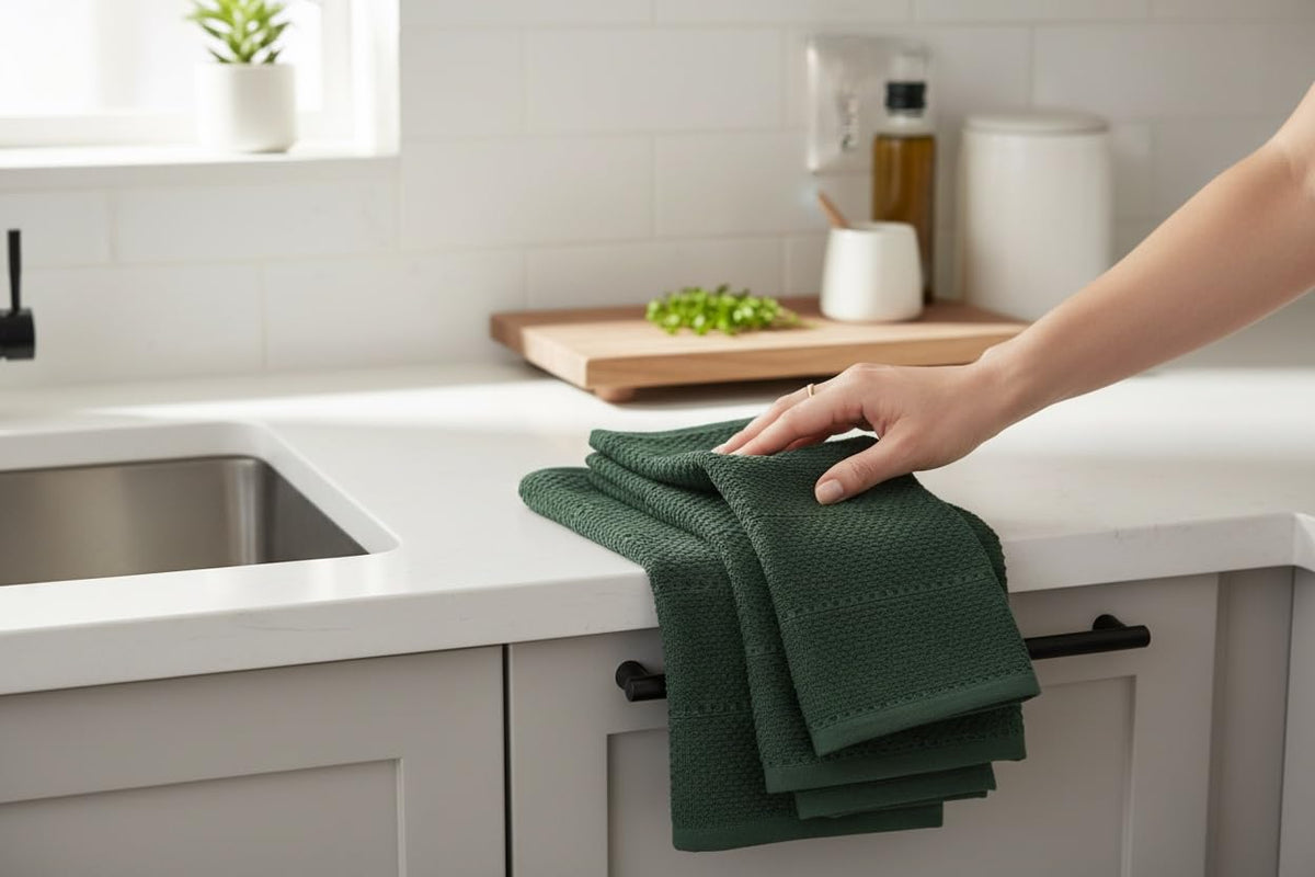 Serafina Home towel in action drying dishes and hands