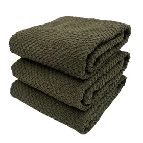 Serafina Home olive green kitchen towels, oversized 28x18, three pack, versatile for drying dishes.