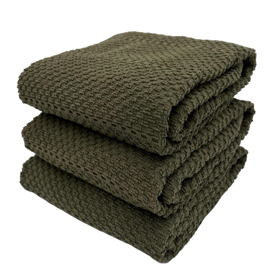 Serafina Home olive green kitchen towels, oversized 28x18, three pack, versatile for drying dishes.