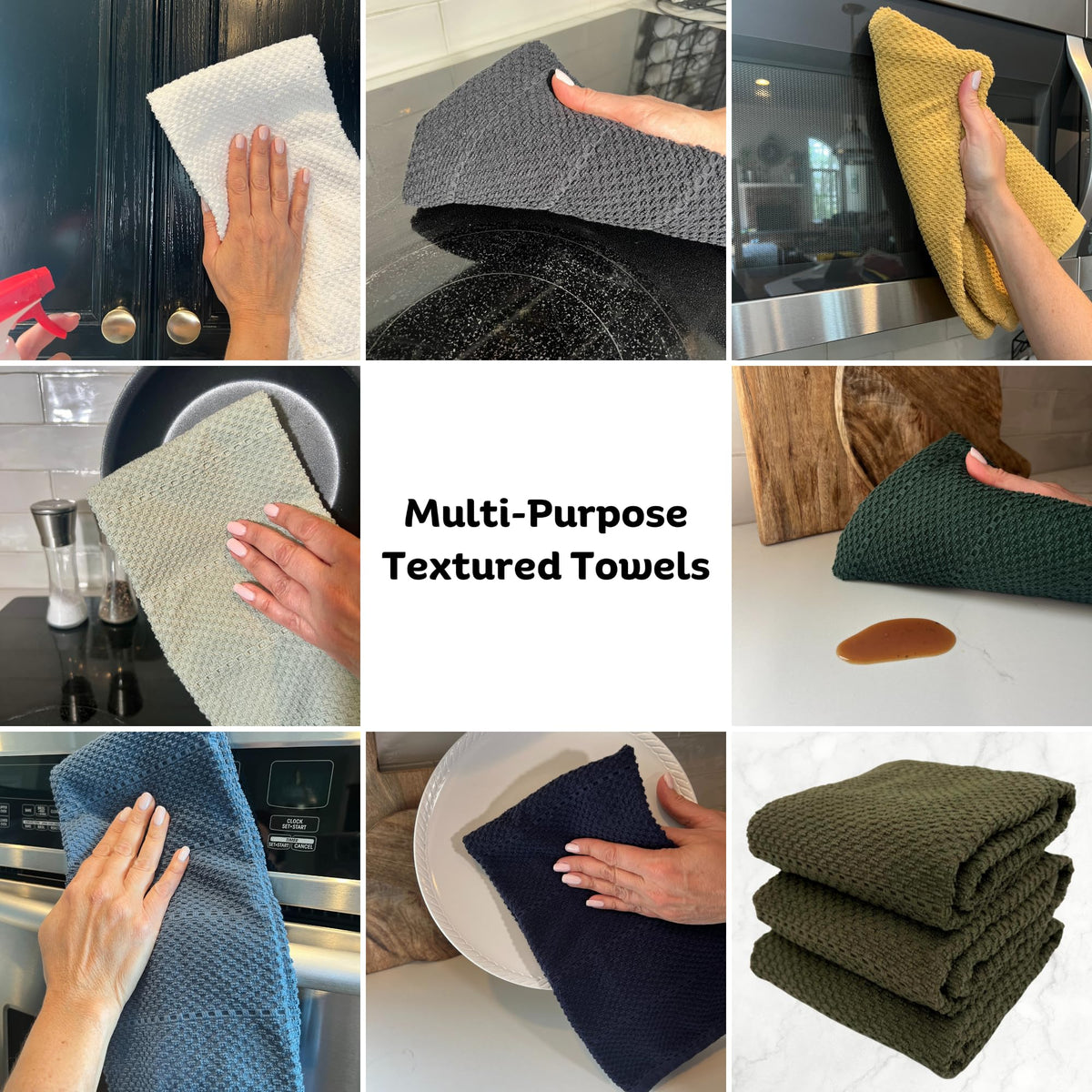 Soft, absorbent Serafina Home olive green towels ideal for drying dishes and hands.