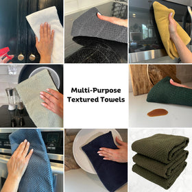 Soft, absorbent Serafina Home olive green towels ideal for drying dishes and hands.