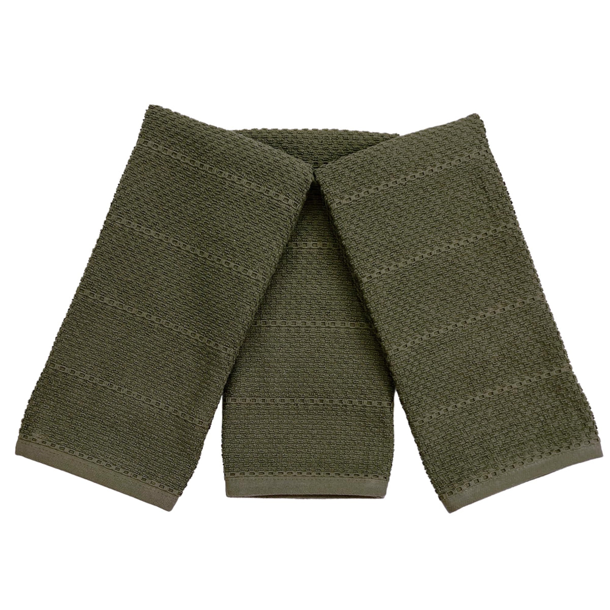 Durable multipurpose Serafina Home olive green towels, three pack for daily use.