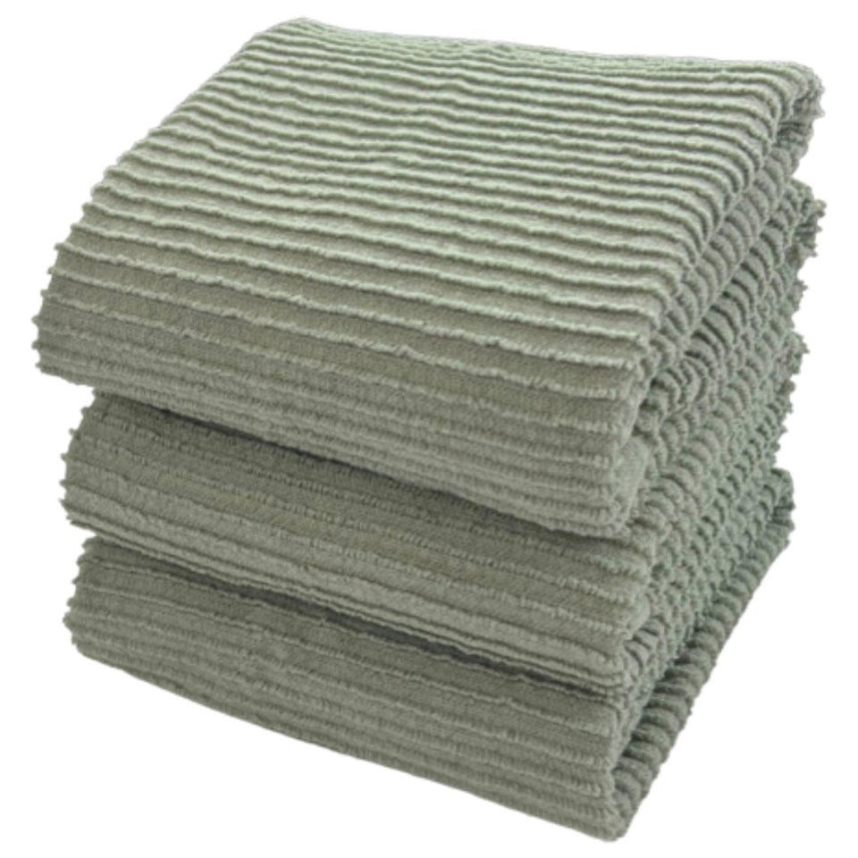 Serafina Home sage green kitchen towel hanging for quick drying and display.
