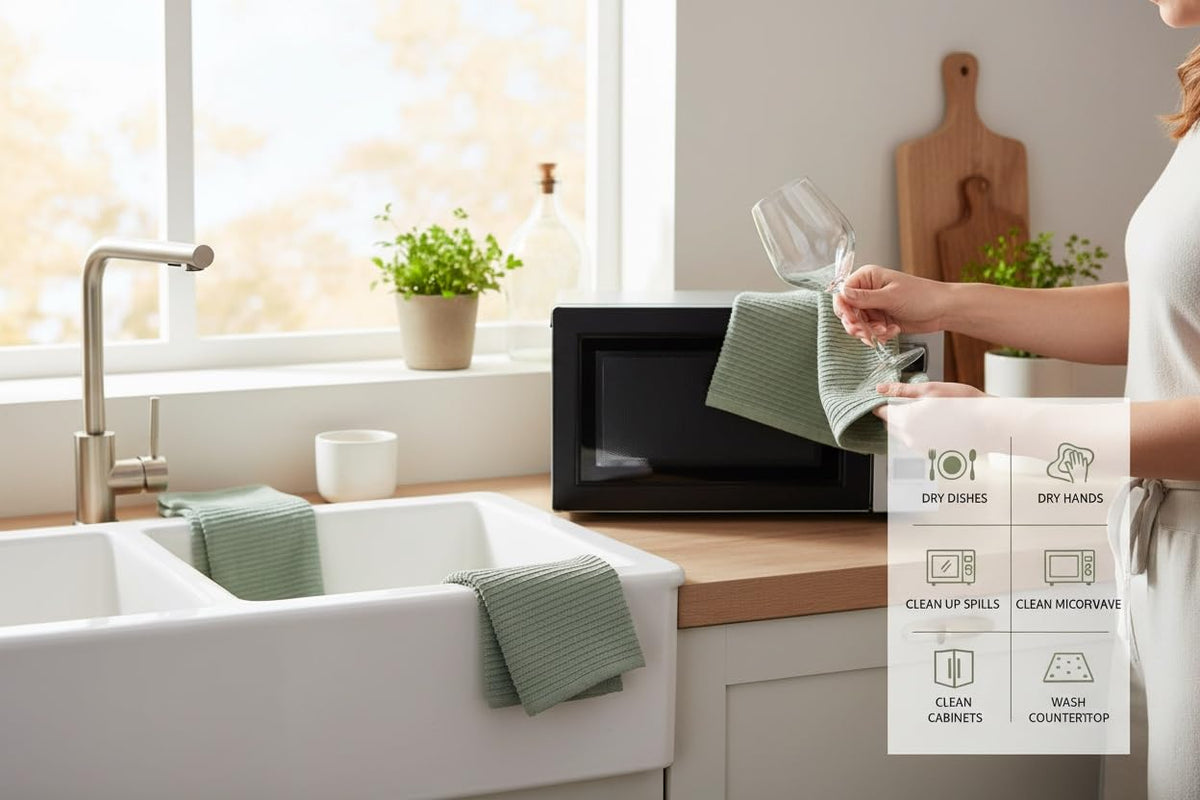 Serafina Home three-pack kitchen towels for everyday use in busy homes.
