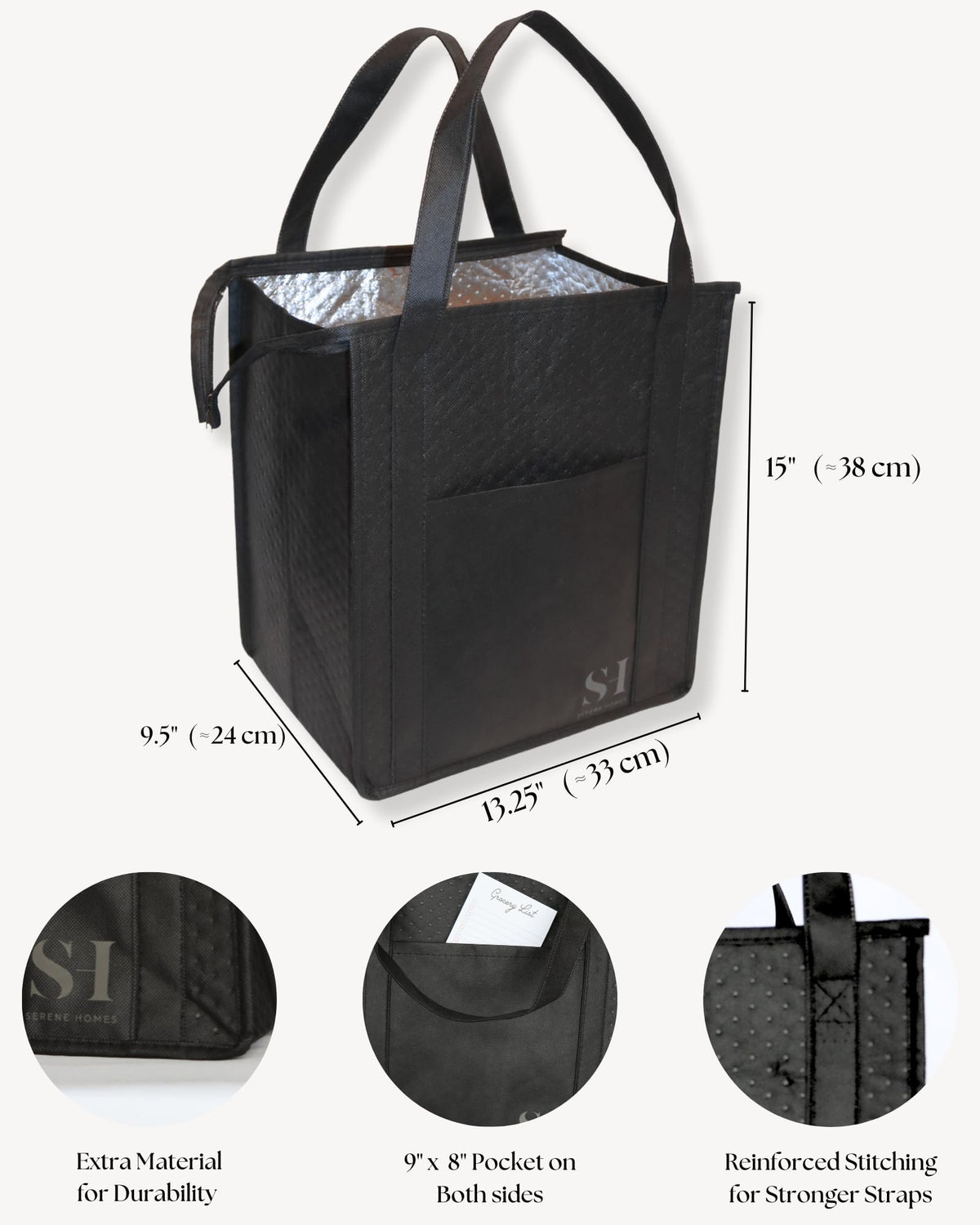 Serene Homes bags with side pockets for lists and small essentials