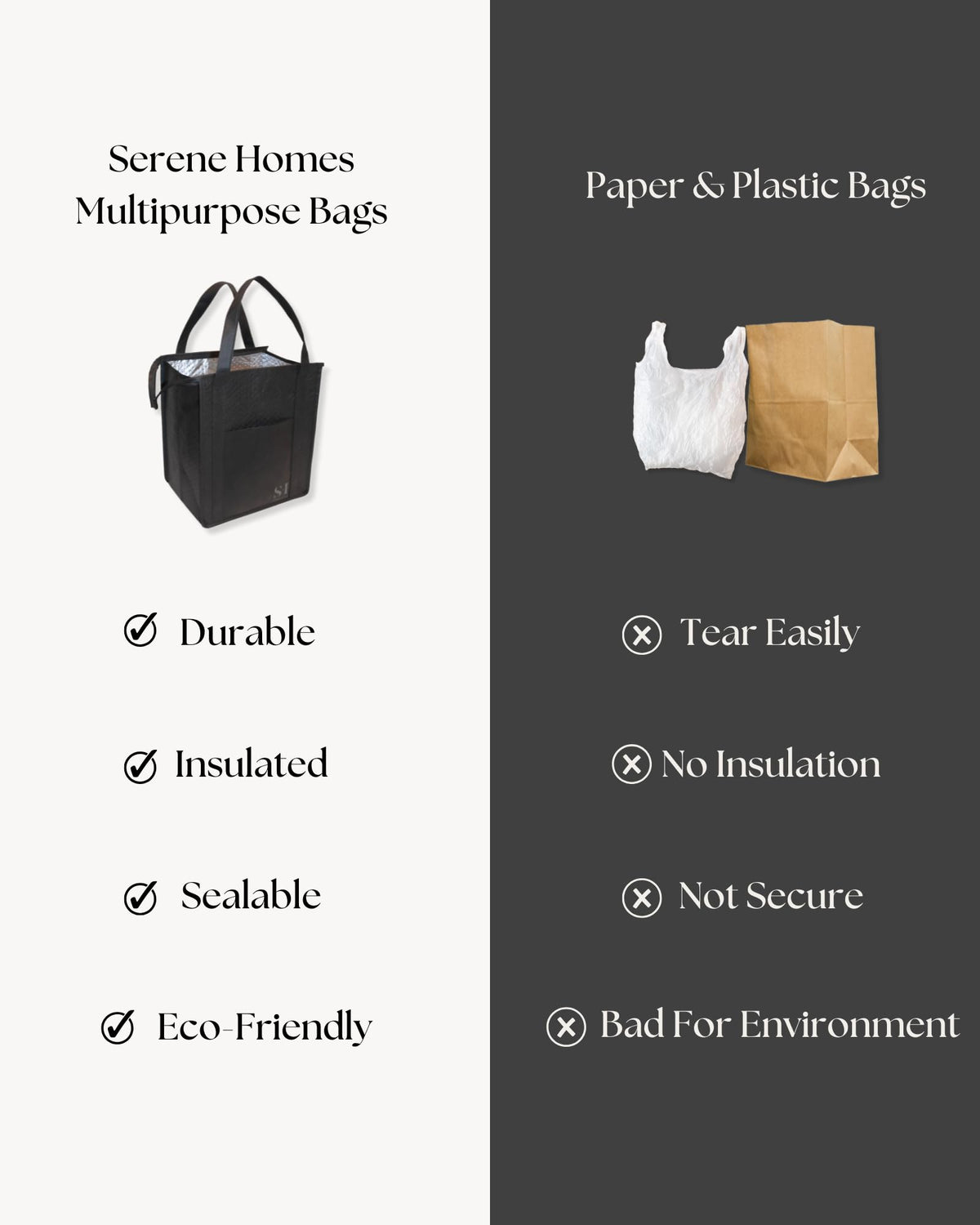 Serene Homes reusable bags for groceries and food delivery