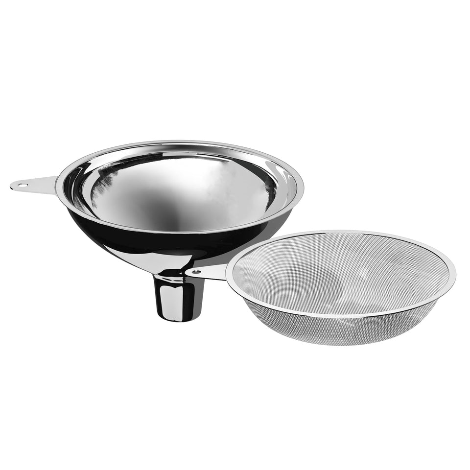 Serinar stainless steel large funnel with 50-mesh filter for precise bottle filling.