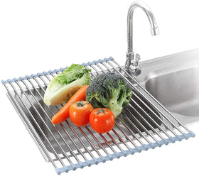 Seropy roll-up rack over RV sink saves counter space while drying dishes.