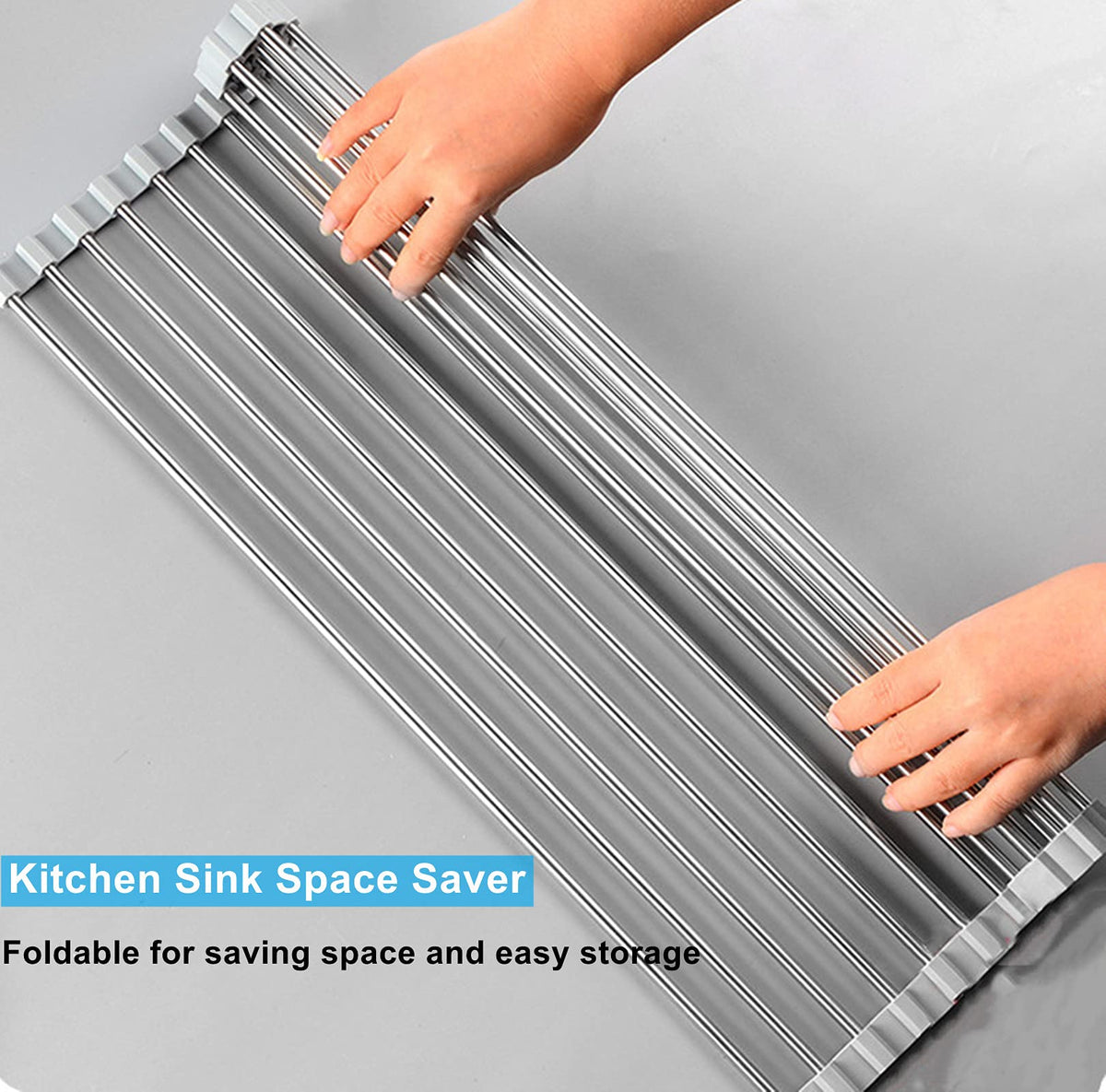 Seropy foldable over-sink rack shown collapsed for compact storage.