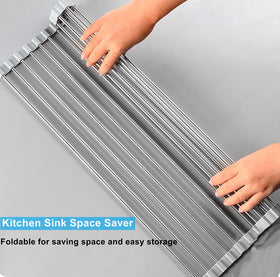 Seropy foldable over-sink rack shown collapsed for compact storage.