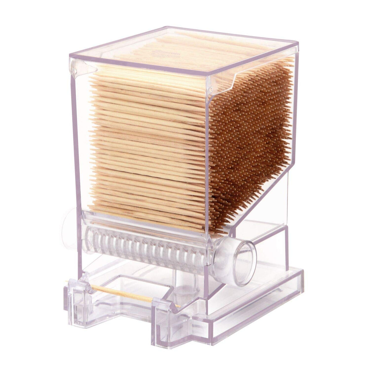 Serve Clean clear toothpick dispenser front view, ideal for restaurant-style service