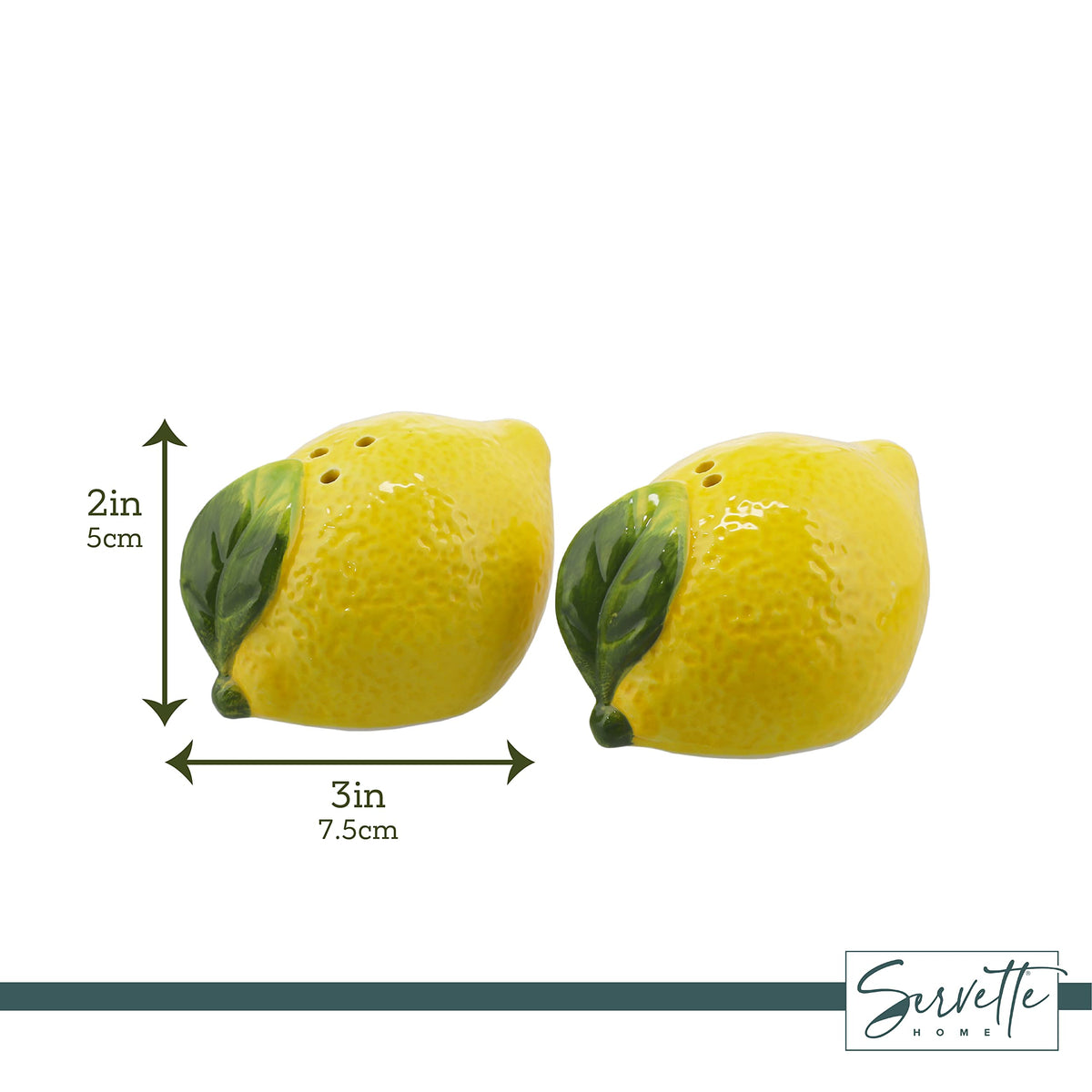 Servette Home lemon-themed shaker set enhances farmhouse kitchen décor on a shelf.