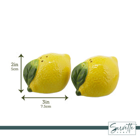 Servette Home lemon-themed shaker set enhances farmhouse kitchen décor on a shelf.