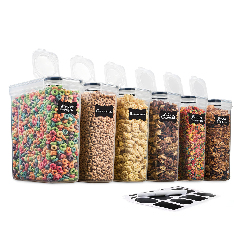 Seseno 6-pack airtight cereal storage containers stacked neatly for pantry organization.