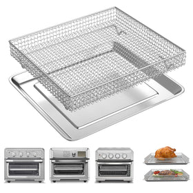 SettleDown stainless steel air fryer basket showing mesh design for even browning