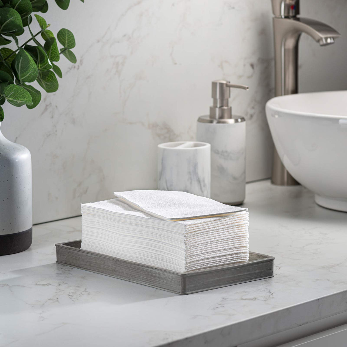 SETUP bathroom napkins for hands drying and quick cleanups.