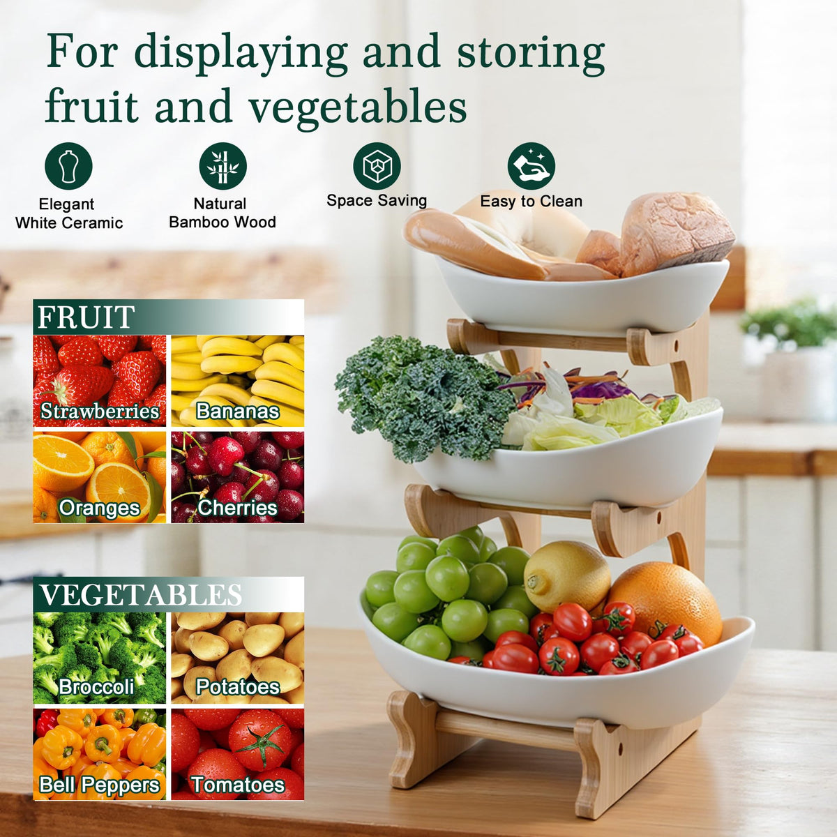 SEVEN SPARTA ceramic fruit bowl bottom tier on bamboo stand enhances kitchen counter organization.