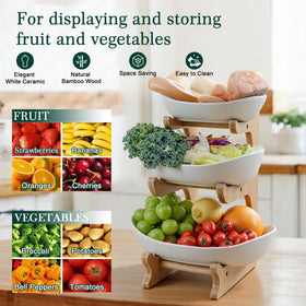SEVEN SPARTA ceramic fruit bowl bottom tier on bamboo stand enhances kitchen counter organization.