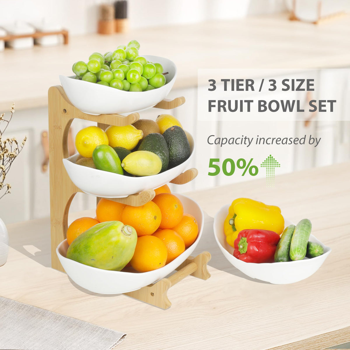 Top-tier fruit display by Seven Sparta Plus with colorful produce.