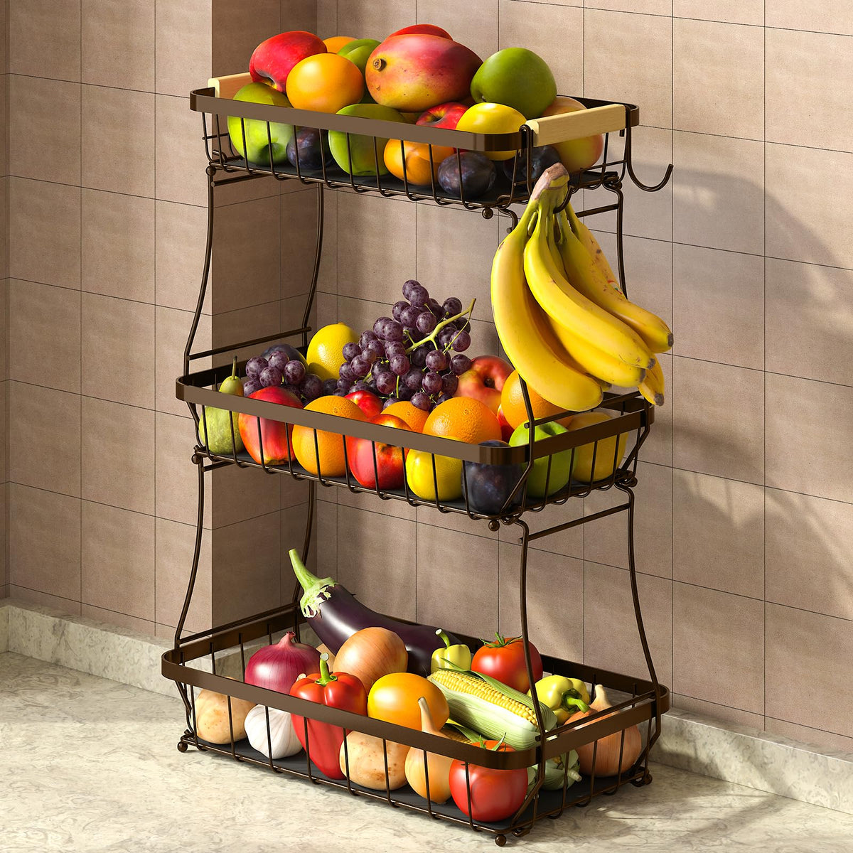 Sevenblue 2-tier fruit basket with banana hanger on kitchen counter for easy access