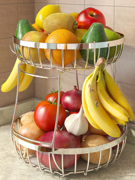 Sevenblue 2-Tier Fruit Basket with Banana Hangers keeps fruit neatly organized.